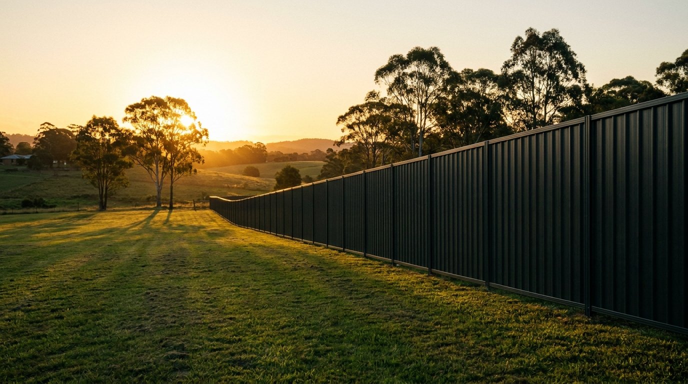 A long dark boundary fence in golden evening light