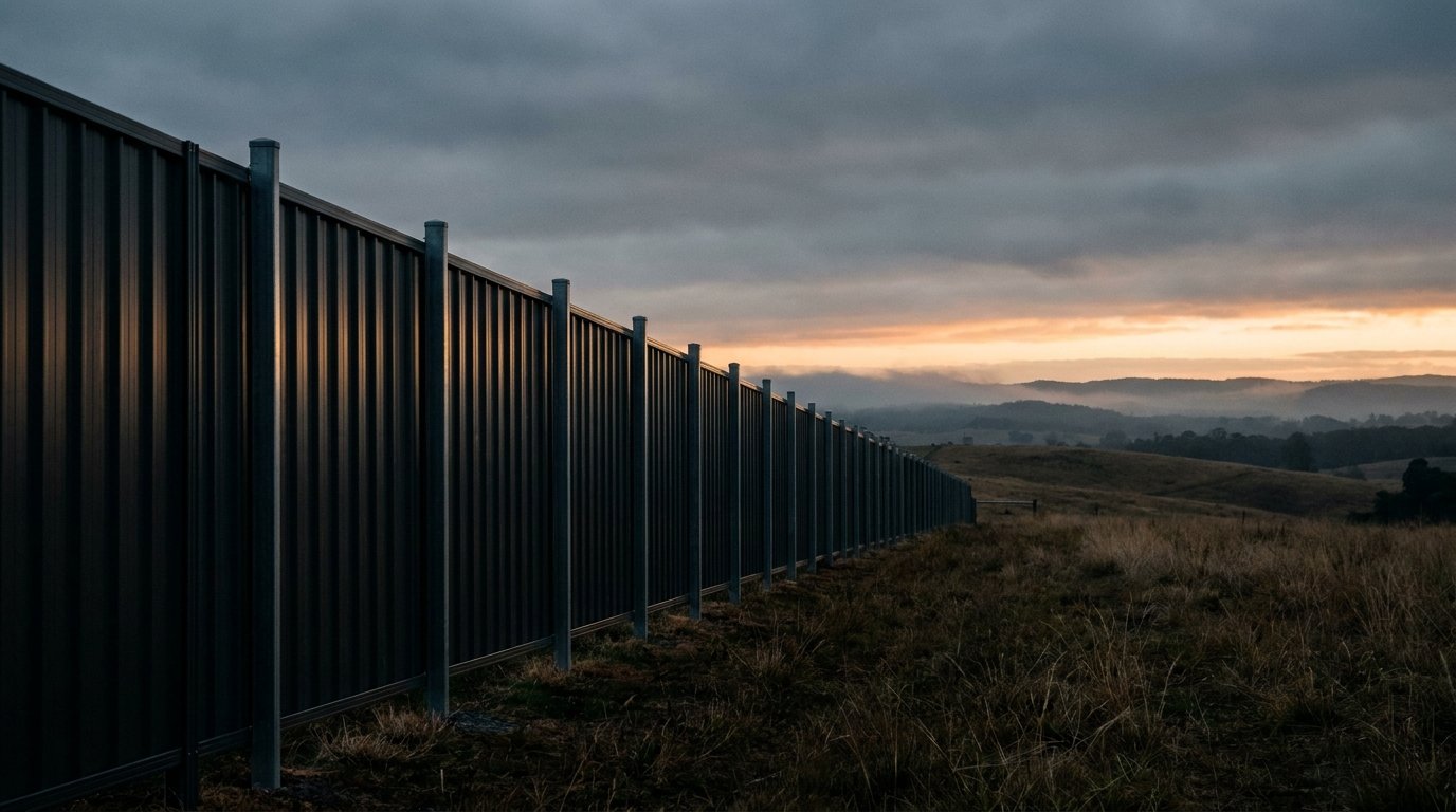 A dark Colorbond boundary fence at dusk