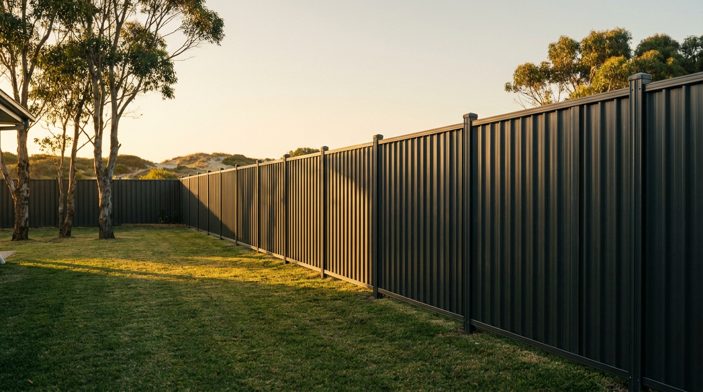 A dark Colorbond fence line at dusk