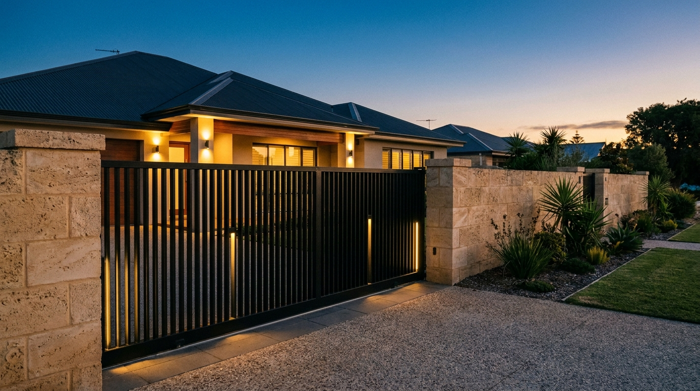 A dark aluminium gate at a warmly lit home at dusk