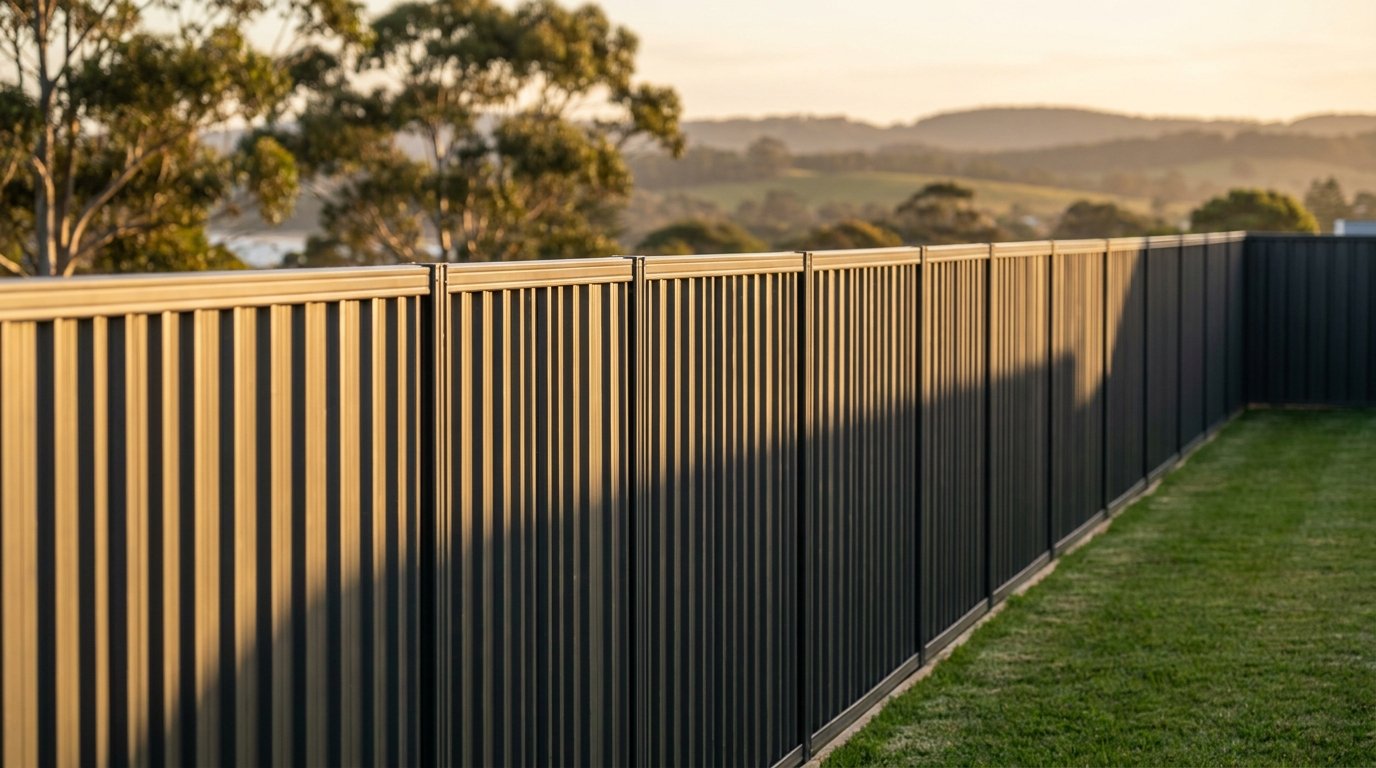 A dark Colorbond fence in golden evening light